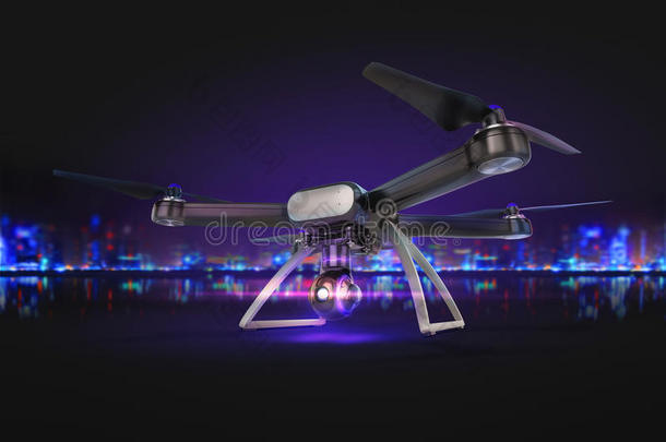 双曝光，现代遥控空中无人机飞行与行动相机。 在黑色背景上。 3D。