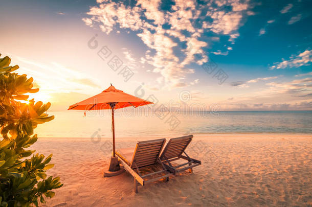 令人惊叹的海滩日落，有太阳床和放松的心情