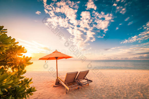令人惊叹的海滩日落，有太阳床和放松的心情