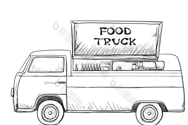 手绘食品卡车。 送货服务