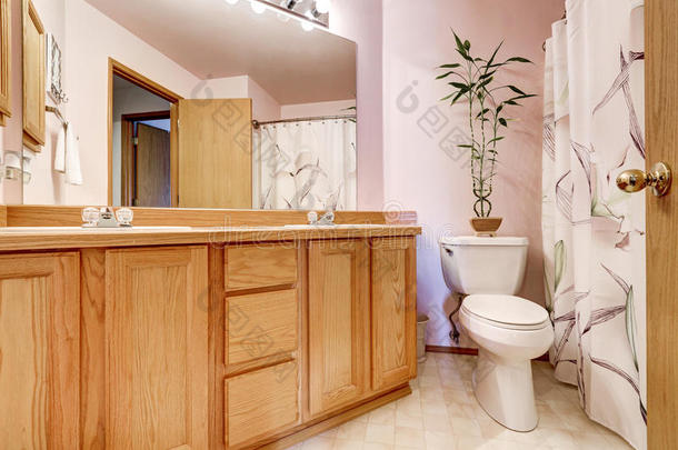 浴室内部有淡粉色的墙壁和双水槽梳妆台
