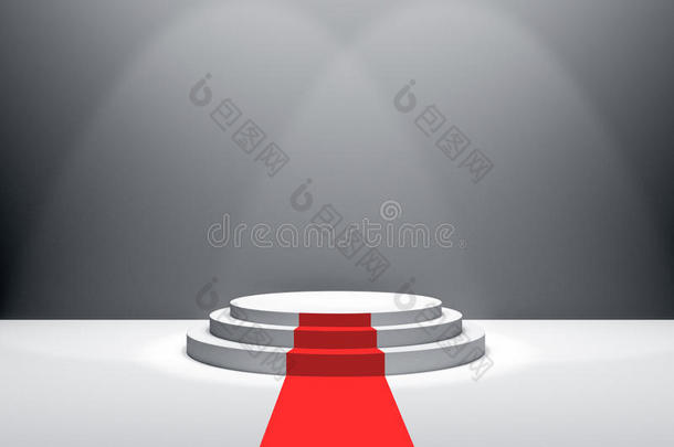 三维渲染：<strong>舞台</strong>插图与红地毯的<strong>颁奖</strong>典礼。 白色圆形讲台。 第一名。 三步空讲台