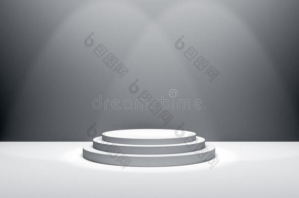 三维渲染：颁奖典礼舞台插图。 白色圆形讲台。 第一名。 白色房间上3步空讲台