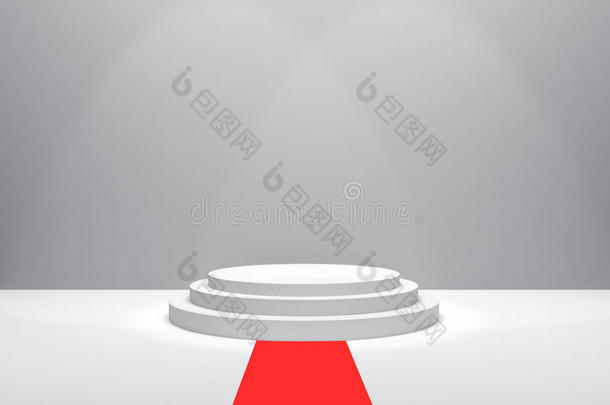 三维渲染：舞台插图与红地毯的<strong>颁奖</strong>典礼。 白色圆形讲台。 第一名。 三步空讲台
