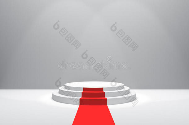 三维渲染：<strong>舞台</strong>插图与红地毯的<strong>颁奖</strong>典礼。 白色圆形讲台。 第一名。 三步空讲台