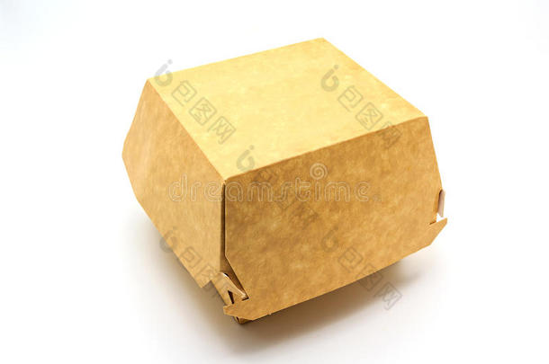 一个棕色的食品盒，包装汉堡包，午餐，快餐，汉堡和三明治，隔离在白色背景上