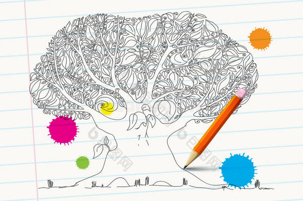 用铅笔在笔记本纸上手绘树