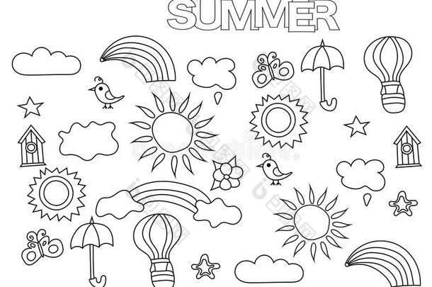 手绘夏季天气集。 着色书页模板。