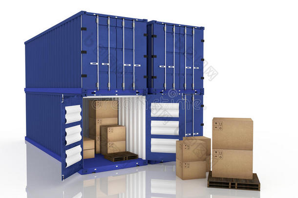 三维渲染：四个集装箱的插图，一个打开的集装箱和纸板箱在集装箱内。商业出口