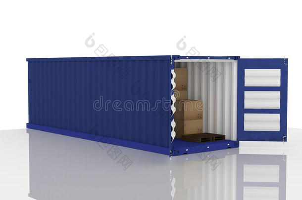 三维渲染：说明打开的蓝色集装箱与纸板箱内的集装箱。业务出口进口概念