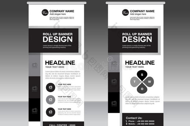黑白卷起横幅模板和信息图形，x架