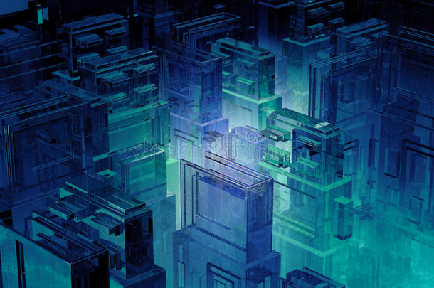 未来派微芯片城。 计算机科学信息技术背景。 科幻大都市。 三维插图