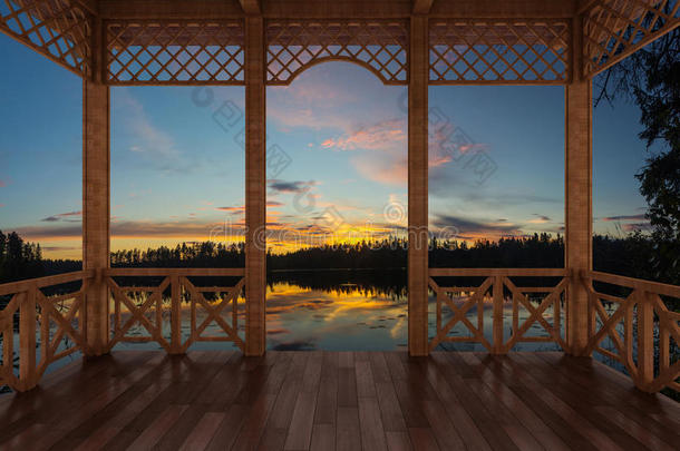 三维渲染一个木制露台，可以看到森林湖，Karelian地峡，俄罗斯