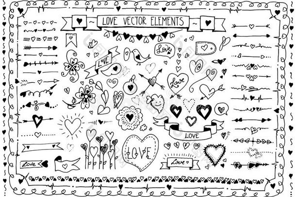 大套涂鸦素描手绘心脏元素。 白色背景上设计爱情元素的矢量集