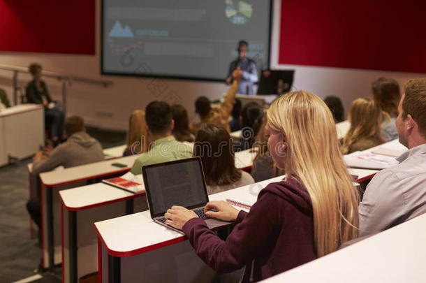 在大学讲座上使用笔记本电脑的成年学生