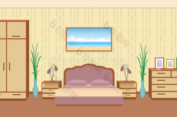 卧室内部浅色家具和室内植物
