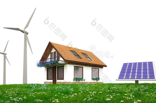 带有风力涡轮机和太阳能电池板的生态房屋