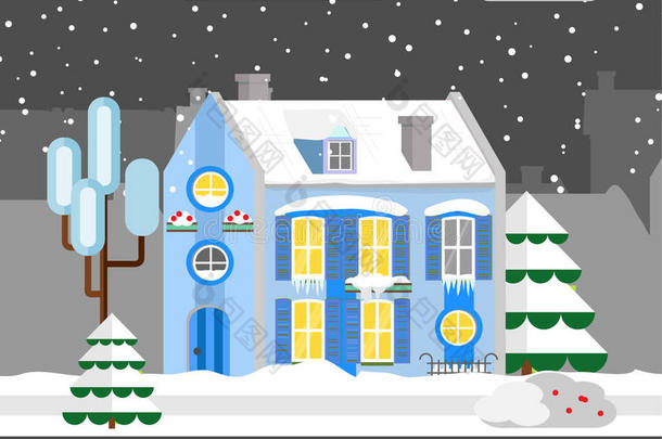 平风格的冬季房子。 小屋。 矢量插图。 降雪背景。 平面设计冬季卡。