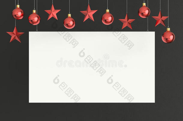 空白海报，在黑暗的混凝土背景上悬挂星星装饰品的空白海报。 新年或圣诞节主题。 三维渲染