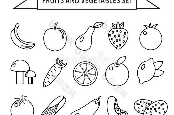 水果和蔬菜图标设置，线条风格。 水果和蔬菜设置在白色背景上。 水果和蔬菜胜过