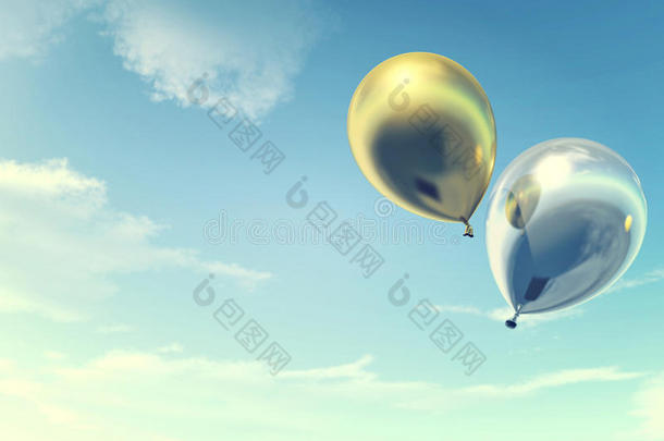 五颜六色的金色和银色气球漂浮在漂浮在老式彩色过滤器