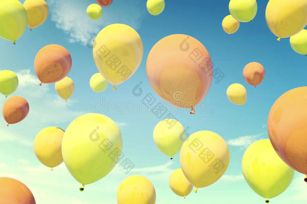 五颜六色的金色和银色气球<strong>漂浮</strong>在<strong>漂浮</strong>在老式彩色过滤器