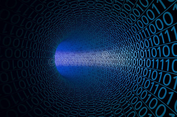 用零和一做的抽象蓝色隧道。 高科技背景。 它，二进制数据传输，数字技术