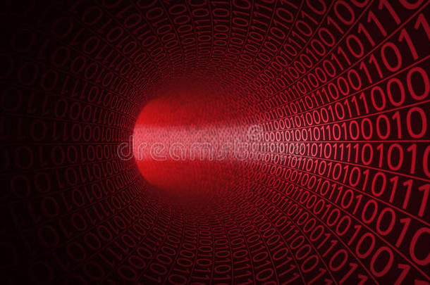 用零和<strong>一做</strong>的抽象红色隧道。 现代背景。 计算机，二进制数据传输，数字技术
