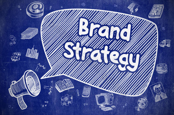 品牌策略-蓝色黑板上的涂鸦插图。