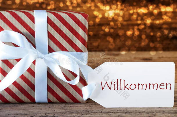 带有标签的大气圣诞礼物，威尔科门意味着欢迎