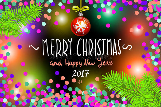 发光彩色圣诞灯花环为圣诞节节日贺卡设计。 <strong>圣诞快乐</strong>和<strong>2017</strong>年新年快乐，矢量。 康