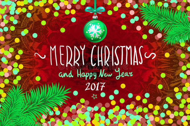 带纸屑的圣诞卡。 <strong>圣诞快乐</strong>和<strong>2017</strong>年新年快乐，矢量插图。 纸屑，手写的铭文，