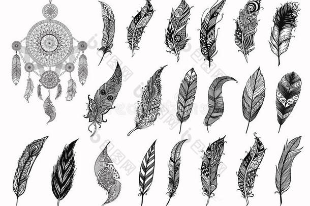 梦想捕手和手工绘制的Boho羽毛设计元素和成人着色书页-股票矢量