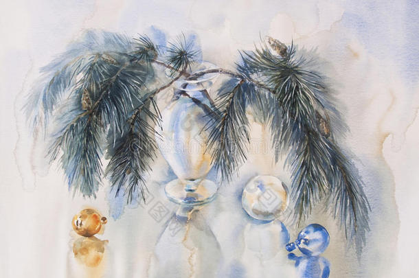 圣诞树装饰水彩插图