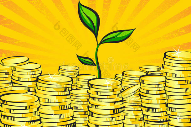 金色的金钱堆和财富树发芽了。 闪闪发光的金币和绿色的小植物的复古插图。 投资