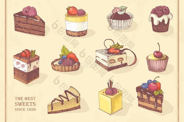 纸杯蛋糕、浆果派和巧克力分层蛋糕的彩色草图