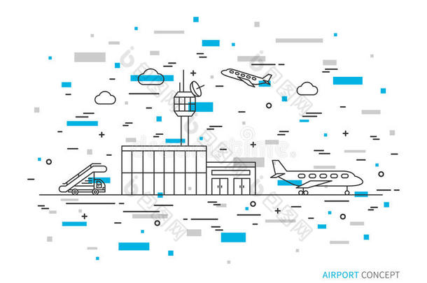 机场航站楼、飞机、交通线矢量图