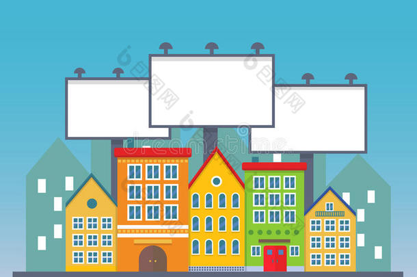 三大空白城市广告牌一起在小城市的街道建筑上。 卡通广告牌广告