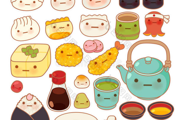 收集可爱的婴儿日本东方食品涂鸦图标