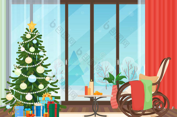 圣诞客厅平面内部与摇椅矢量插图。 圣诞<strong>新</strong>年</strong>树。 冬<strong>季</strong>景观