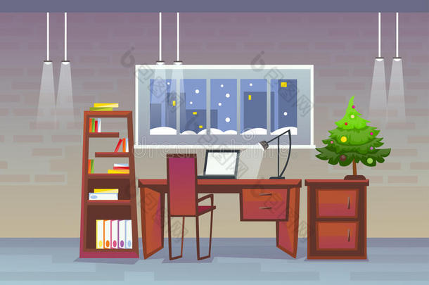 空荡荡的装饰工作场所办公室，圣诞快乐，新年快乐