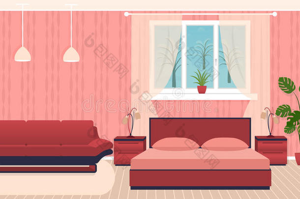 明亮的颜色卧室内部与家具和冬季景观窗外。