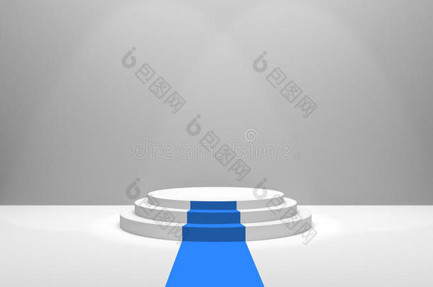 三维渲染：<strong>舞台</strong>插图与蓝色地毯的<strong>颁奖</strong>典礼。 白色圆形讲台，第一名。 三步空讲台