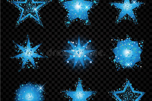 蓝色闪闪发光的星星在透明的背景上闪闪发光的粒子。