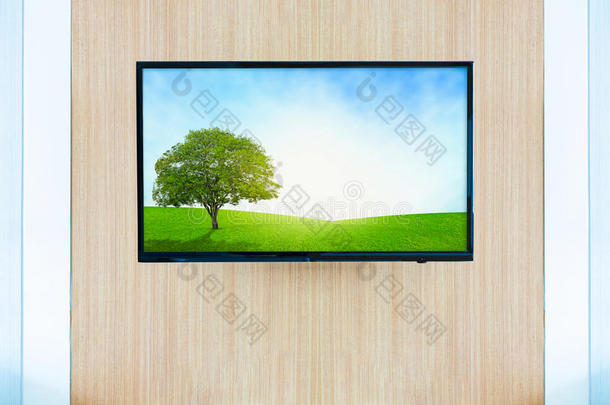 黑色LED电视屏幕模型。 莫上的景观草原