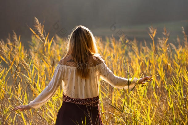 肩膀上有纹身山的女孩站在芦苇丛中沉思/金发女孩穿过芦苇丛