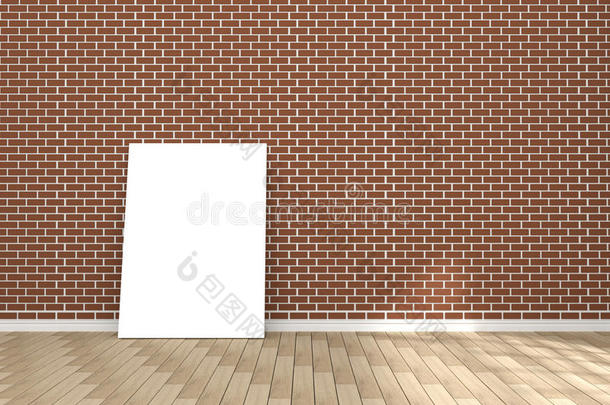三维渲染：白色海报在空房间的插图。你的文字和图片的空间。产品显示模板。红色砖墙