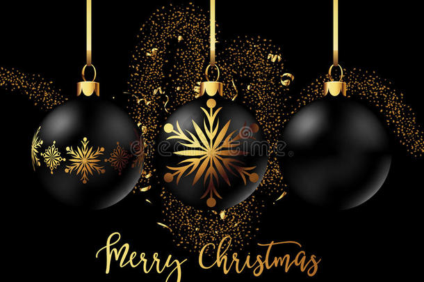 黑色圣诞装饰球，黑色背景上有金色丝带蝴蝶结。