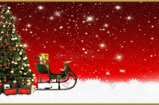 圣诞节：圣诞树和圣诞老人`雪橇，横幅，背景