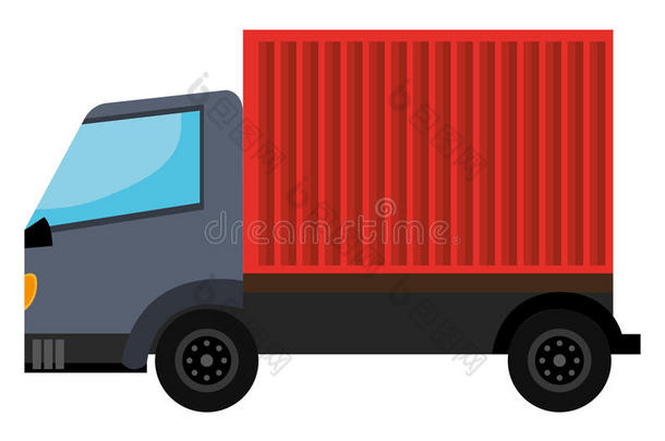 带红色集装箱的灰色卡车。